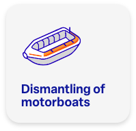 Professional motorboat dismantling process at a boatyard.